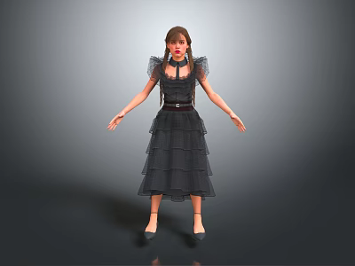 Woman Wearing Black Layered Dress With Sheer Sleeves Standing Arms Outstretched On Gray Background 3d model