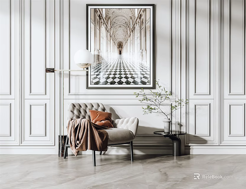 Accent Chair With Throw Blanket Cushion And Decorative Painting In Modern Interior 3d model 