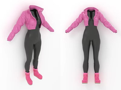 Cropped Pink Jacket Outfit With Fitted Black Jumpsuit And Pink Boots 3d model
