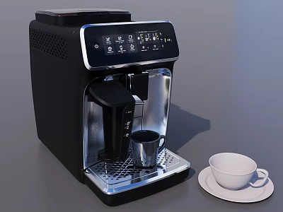 Modern Automatic Coffee Machine With Small Cup And White Mug On Saucer 3d model