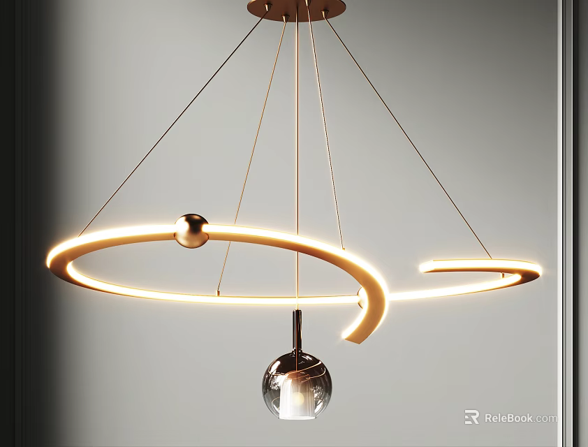 Elegant Modern Illuminated Chandelier with Circular Rings and Spherical Pendant 3d model 