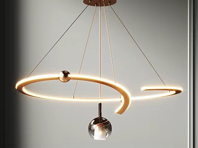Elegant Modern Illuminated Chandelier with Circular Rings and Spherical Pendant 3d model