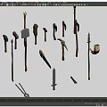 Hand-painted low-die lowpoly low-polygon pixel tool weapon saw hammer axe hammer sword iron pliers spear wooden stick horn 3d model