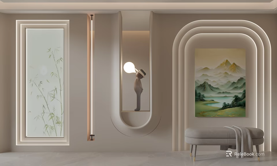 Light Colored Modern Background Wall With Curved Design Bamboo Pattern And Landscape Art 3d model 