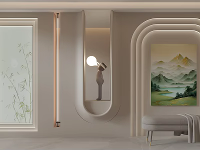 Light Colored Modern Background Wall With Curved Design Bamboo Pattern And Landscape Art 3d model