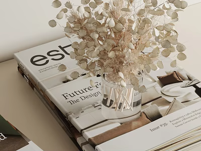 Stylish Arrangement of Stacked Books Dried Flowers in Glass Vase and Papers on Tabletop 3d model