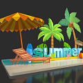 Vibrant Summer Beach Setup With Palm Trees Umbrella Chair Surfboard And Starfish