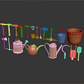 Golden Garden Tools and Containers Arranged on Black Background with Reflective Surfaces