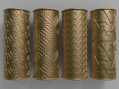 Golden Decorative Columns With Various Intricate Geometric Patterns And Designs 3d model