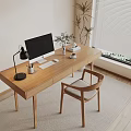 Modern Wooden Desk Setup With Black Lamp White Monitor Green Plants And Chair