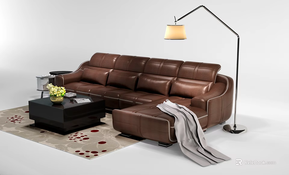 Brown Leather Sectional Sofa With Coffee Table Floor Lamp And Throw Blanket 3d model 