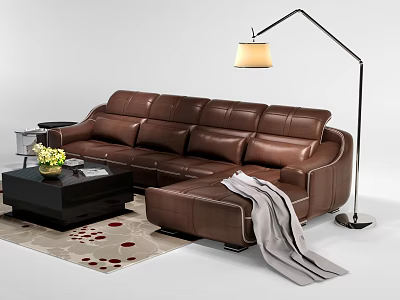 Brown Leather Sectional Sofa With Coffee Table Floor Lamp And Throw Blanket 3d model