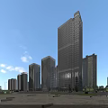 Modern High Rise Office Tower With Glass Curtain Wall And Urban Street Surroundings