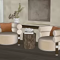 Single Beige Sofas with Brown Cushions Wooden Table Decorative Item Abstract Painting and Plant