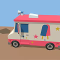 Pink And White Commercial Food Truck With Yellow White Striped Awning And Roof Horn
