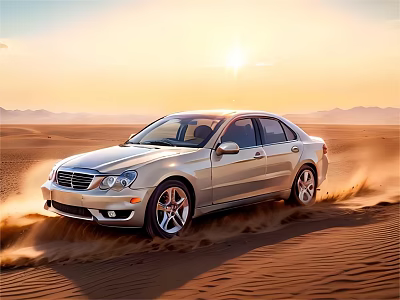 Silver Sedan Driving Through Desert During Sunset With Mountain Backdrop Kicking Up Sand 3d model