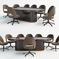 Dark Round Conference Table With Multiple Brown Wheeled Office Chairs And Table Items 3d model