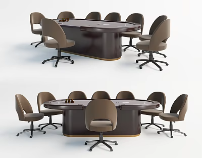 Dark Round Conference Table With Multiple Brown Wheeled Office Chairs And Table Items 3d model