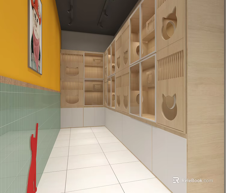 Modern Mall Store Interior With Yellow Wall Green Tiles And Wooden Cat Shaped Cabinets 3d model 