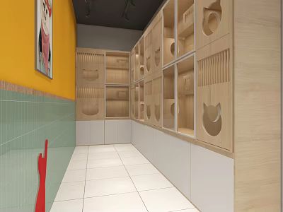 Modern Mall Store Interior With Yellow Wall Green Tiles And Wooden Cat Shaped Cabinets 3d model