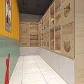 Modern Mall Store Interior With Yellow Wall Green Tiles And Wooden Cat Shaped Cabinets