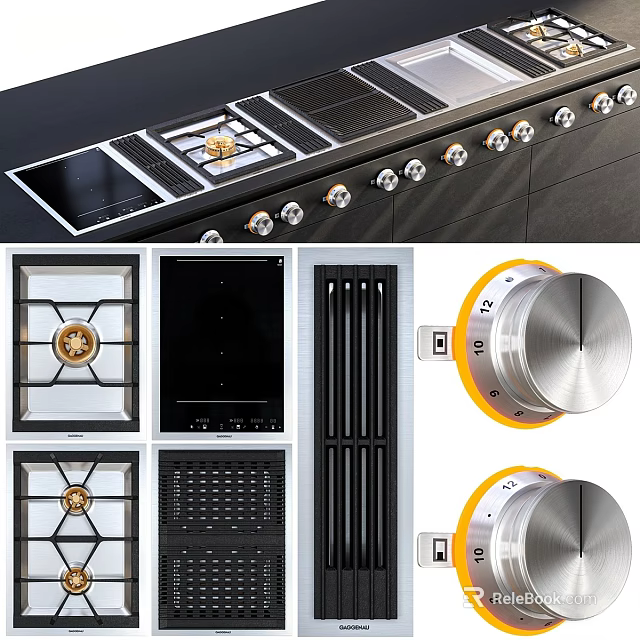 Modern Kitchen Appliances With Stainless Steel Cooktop Gold Accent Burners Black Grille And Control Knobs 3d model 