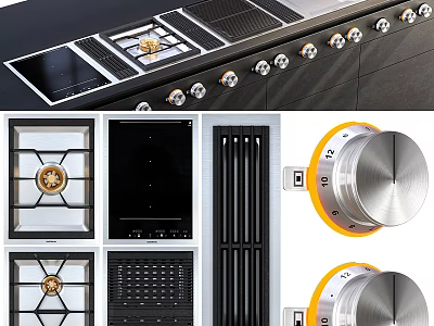 Modern Kitchen Appliances With Stainless Steel Cooktop Gold Accent Burners Black Grille And Control Knobs 3d model
