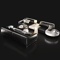 Black Leather Sofa Coffee Table Set With Pillows Table Lamp And Throw Blanket 3d model