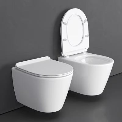 Modern White Wall Mounted Toilets With Open Lid On Gray Wall Background 3d model