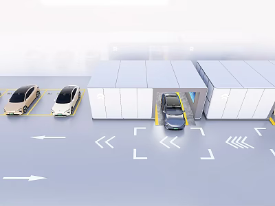 Modern Cars In Smart Parking Structure With Direction Arrows And Buildings 3d model
