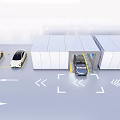 Modern Cars In Smart Parking Structure With Direction Arrows And Buildings