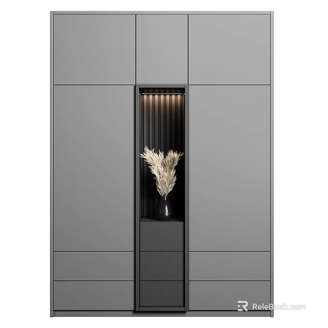 Modern Gray Entryway Cabinet And Side Cabinet Design With LED Lighting And Decorative Dried Flowers 3d model 