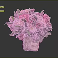 Flower Bouquet With Red Pink Flowers Green Leaves In Pink Square Vase On Dark Background