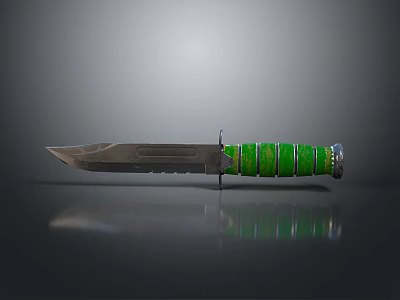 Tactical Weapon Knife With Metallic Blade And Green Striped Handle Design 3d model