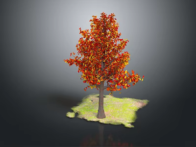 Autumn Tree with Red and Orange Leaves Brown Trunk and Green Grass on Gray Background 3d model
