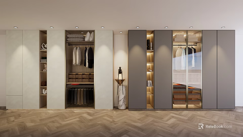 Modern Wardrobe Interior Design With Glass Doors Hanging Rods And Storage Drawers 3d model 