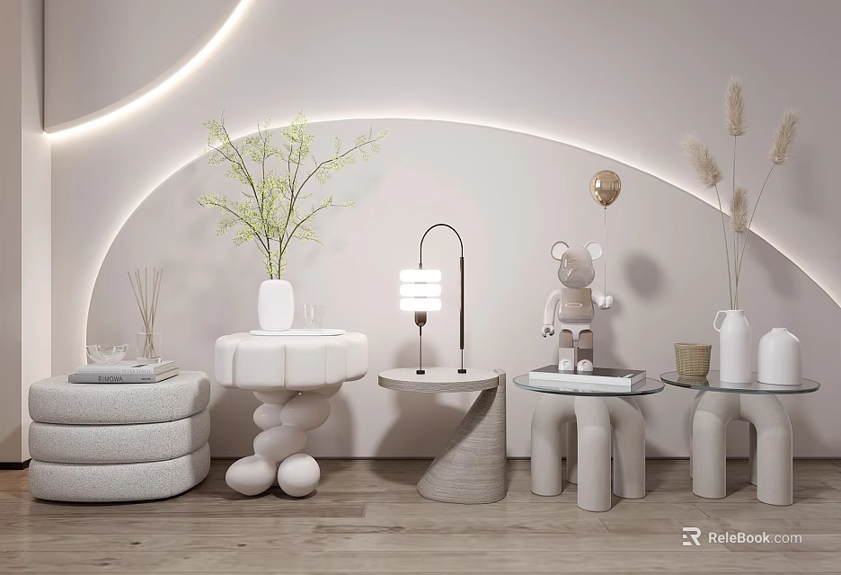 Elegant Modern Bedside Tables with Green Plant Lamp Stuffed Toy and Vase Decor 3d model 