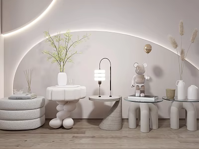 Elegant Modern Bedside Tables with Green Plant Lamp Stuffed Toy and Vase Decor 3d model
