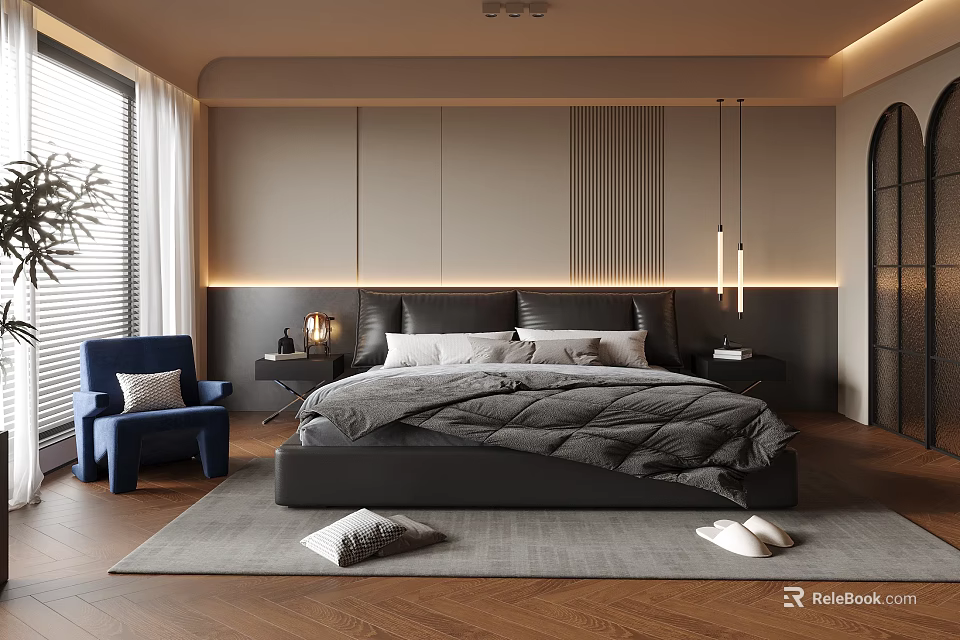 Modern Bedroom Interior Design With Platform Bed Blue Armchair Striped Accent Wall And Wooden Flooring 3d model 