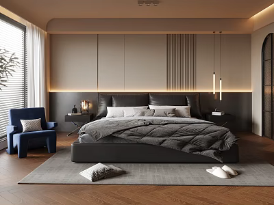 Modern Bedroom Interior Design With Platform Bed Blue Armchair Striped Accent Wall And Wooden Flooring 3d model