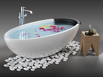 White Freestanding Bathtub with Water and Rose Petals Surrounded by White Pebbles and Wooden Table 3d model