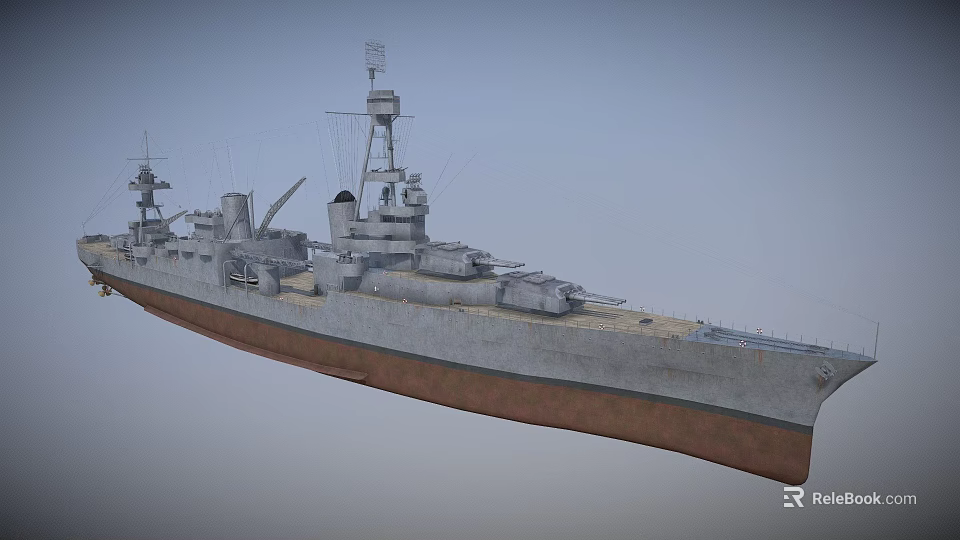 Exterior View Of Gray Warship With Brown Bottom Turrets And Antennas 3d model 