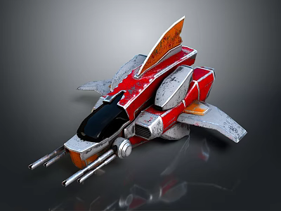 3D Rendered Sci Fi Spaceship Model Red Silver Body Orange Wings And Cannon Details 3d model