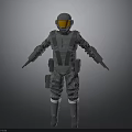 Sci Fi Armored Character In Gray Armor Suit With Orange Visor And Gear