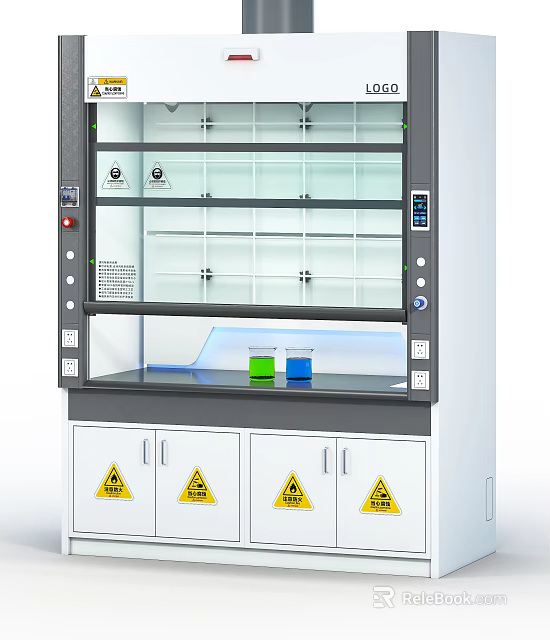 Laboratory Fume Hood With Transparent Glass Doors Shelves And Warning Signs With Green Blue Beakers 3d model 