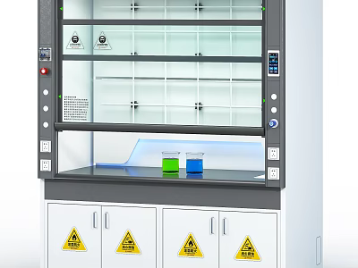 Laboratory Fume Hood With Transparent Glass Doors Shelves And Warning Signs With Green Blue Beakers 3d model