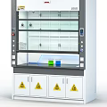 Laboratory Fume Hood With Transparent Glass Doors Shelves And Warning Signs With Green Blue Beakers