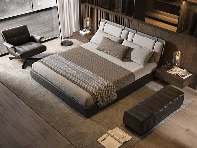 Modern Bedroom Interior With Platform Bed Pillows Wooden Nightstand Lamp Area Rug And Armchair 3d model