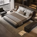 Modern Bedroom Interior With Platform Bed Pillows Wooden Nightstand Lamp Area Rug And Armchair