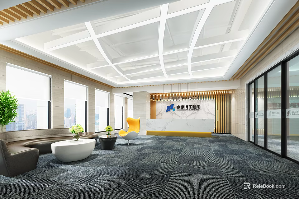 Modern Front Desk Reception Area Featuring Marble Counter Company Logo Sofa Yellow Chair And Plants 3d model 